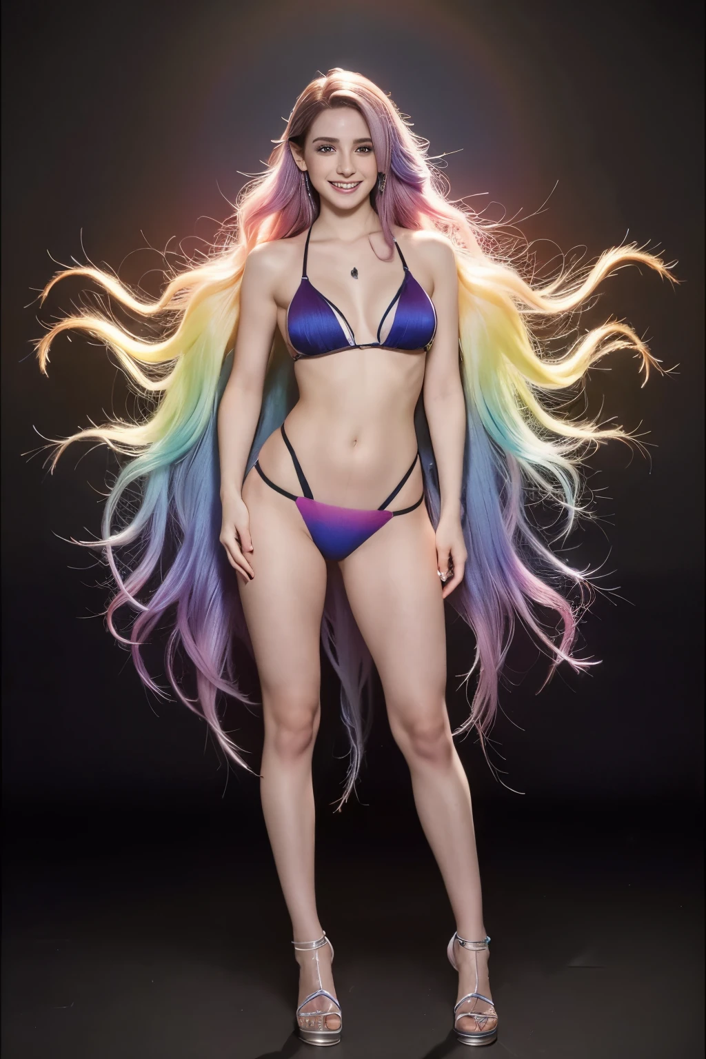 rainbow hair, longeyelashes, crystal earrings, symmetry, award winning, 16k, highres, (Masterpiece, Best quality, 8k, 18 years old, Raw photo, absurd, smile, smile, pure, German), ((ombre)), huge breasts, (full body)