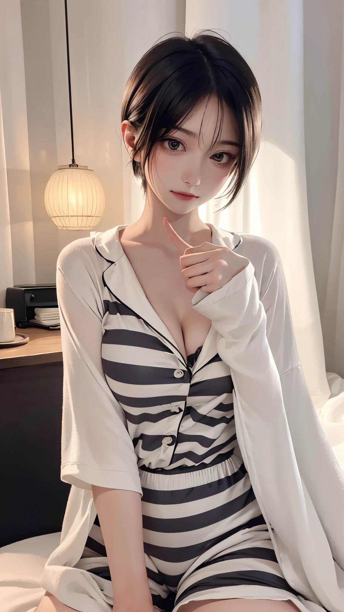 (masterpiece, highest quality, highest quality, Official Art, beautifully、beautiful:1.2, Cinema Lighting、Key light at 45 degrees from the front, Subsidy Light、Soft Backlight),
Beautiful face、Perfect round ass、the body is slim、Fit and body、Pale skin、Shiny, Bright Eyes、length eyelashes、
1 girl、alone、
accurate to the human body、Correct five-finger、The perfect human body、Knowledgeable person、Highly detailed face and skin texture、Natural neck length、(beautiful Hands)、beautiful, length, Thin legs、straighten both legs、Stretch your arms、
The perfect human body、Accurate human body、A perfect and accurate left hand、A perfect and accurate right hand、Perfect and precise fingers、
Earrings,Big cleavage、
(((Blanket fabric pajamas、Two-tone horizontal stripes、Blanket material short mini pants))),
((Random hand gestures)),
Accurate 5-finger、Accurate human body、Perfect human body、
A room with a living feel、(((Big Breasts))),Dark bedroom、Luxury Love Hotel、Bold Pose、sexy、Sensually、Ecstatic face、Being spoiled and pampered、Wide leg、