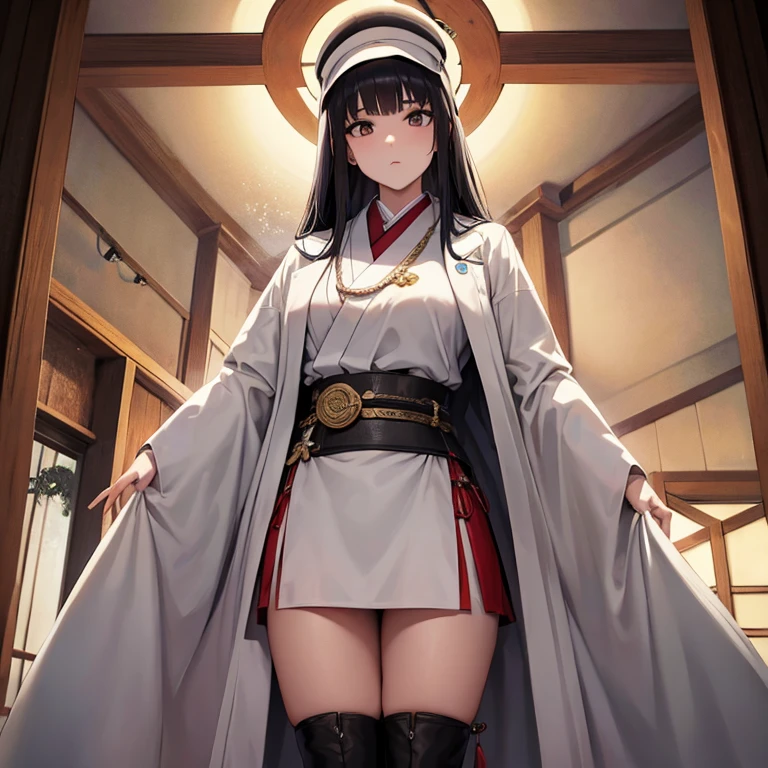 ((alta qualidade)), ((obra de arte)), 8k, Garota de 15 anos, muito branca, olhos carmesim, de cabelo longos e brancos, of Japanese descent, with a white overcoat and a straw samurai hat. Catana de cabo vermelho e dourado no coldre.
papel de parede extremamente detalhado da unidade CG 8k, jogo cg, olhando para o espectador, luvas brancas, botas brancas, corpo todo, (plano de fundo, a medieval Japanese mansion.