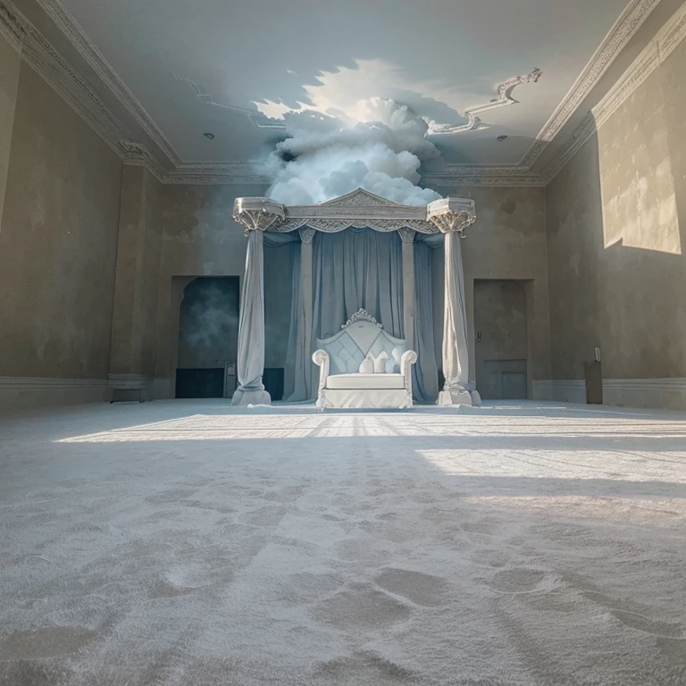 inside a castle made out clouds, throne of clouds, floor of clouds, no people, white puffy soft clouds