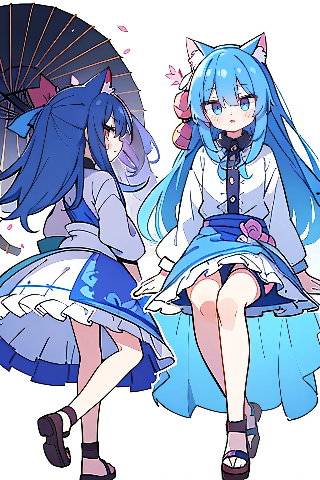 （masterpiece：1.2），Super detailed，lifelike，Expressive eyes，fair skin，perfect face shape，1 girl，
Japanese comics,Gorgeous blue hair,flowing blue hair,flowing clothes,Cat ears,Petals fall,beautiful lola,Baby Angel,
Cross your legs，Gentle and peaceful background，The pavilion is cool and comfortable,smile, wearing hoodie, background of tokyo,back views,snowing, winter.