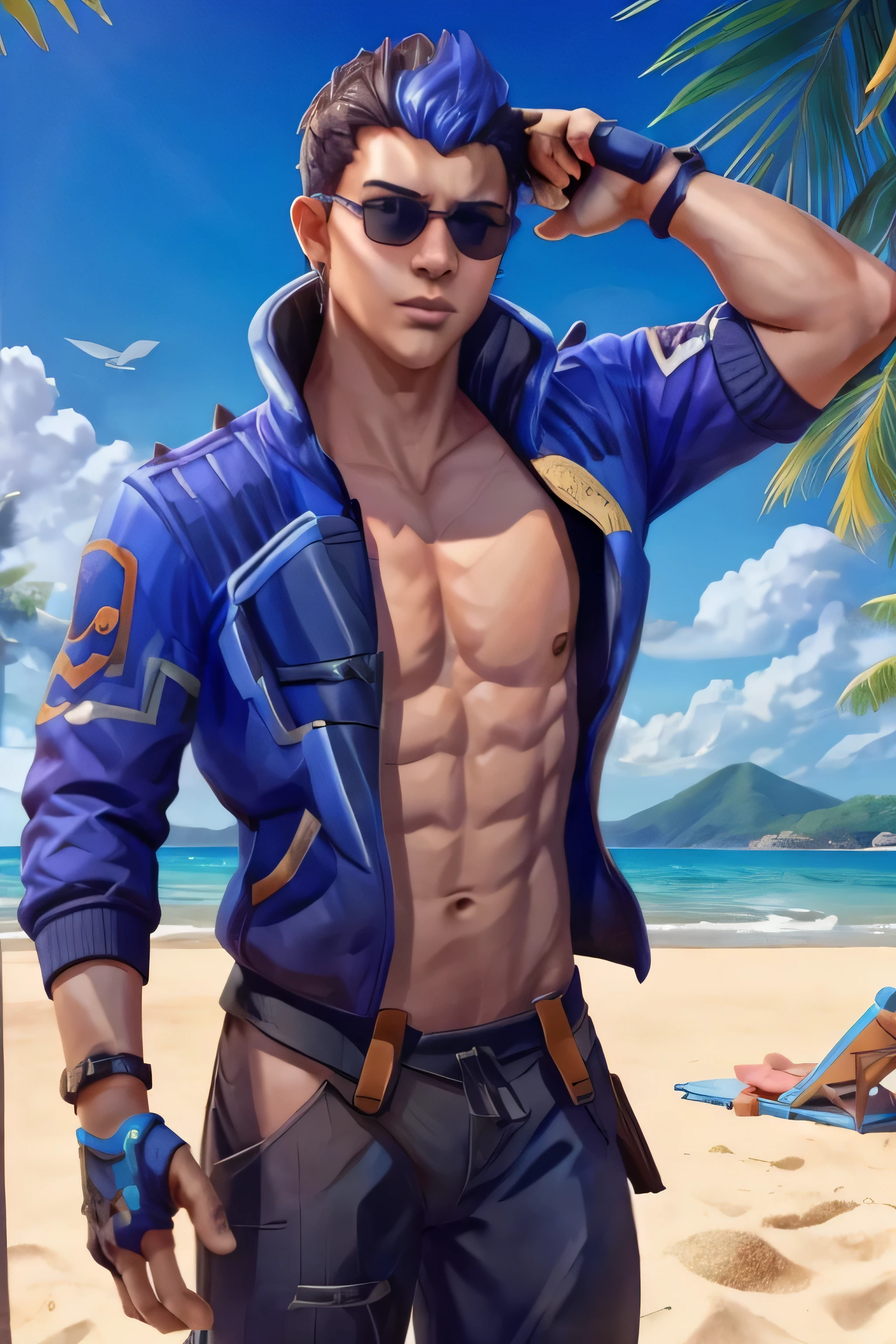 yoru valorant, shirtless, fully shirtless, wearing sunglasses, beach background, ⛱️, drinking coconut fruit