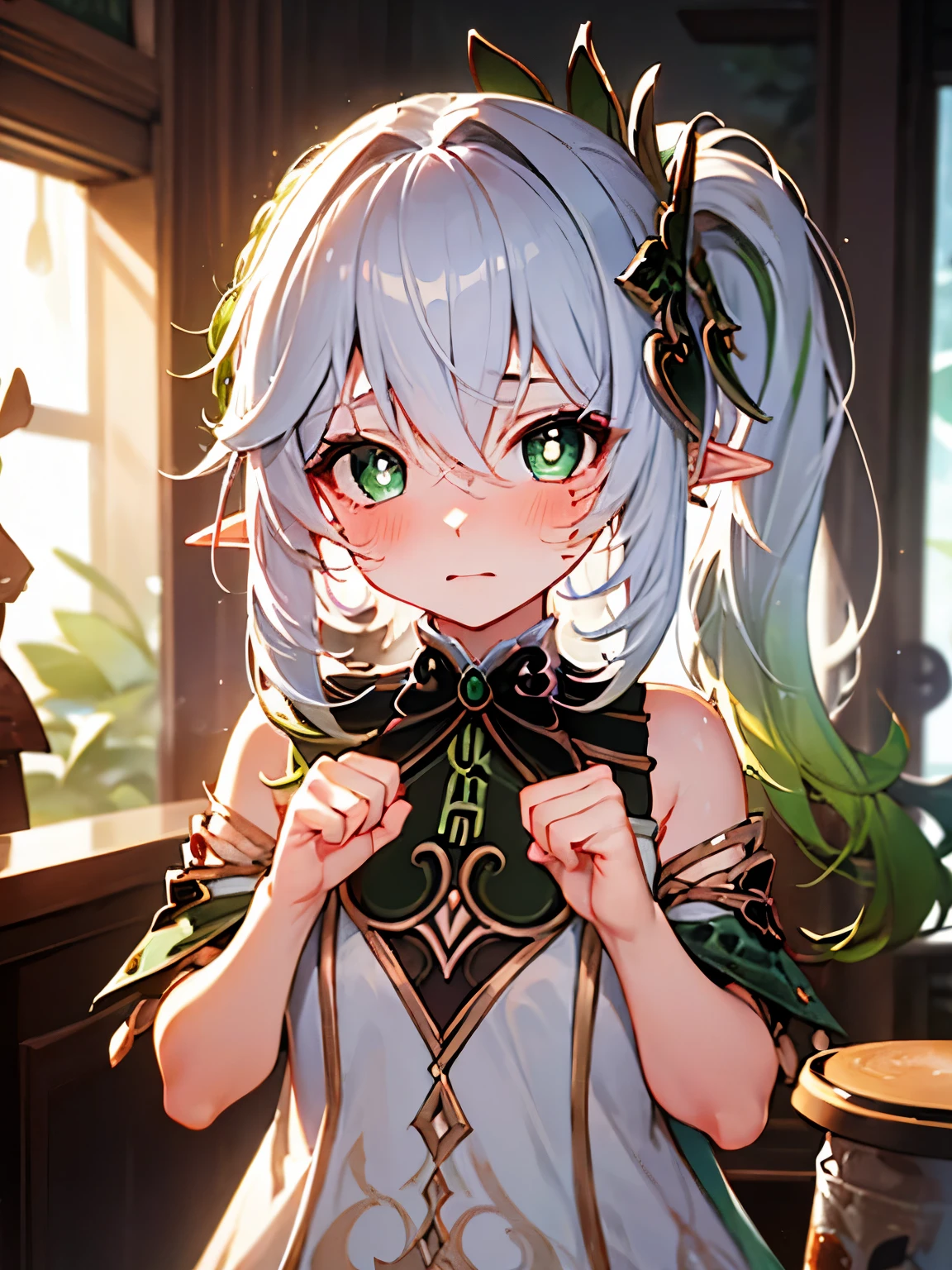 NSFW,nahida_genshin long hair、Green Eyes、bangs、Pointy Ears、hair ornaments、Gray Hair、Symbolic eyeulti-colored hair、Side Ponytail、Gradient Hair、Green Hair、Hair between the eyes、Cross pupil,Embarrassed,blush,(Perfect hands),(Perfect Anatomy),(masterpiece),(highest quality),Coffee shop