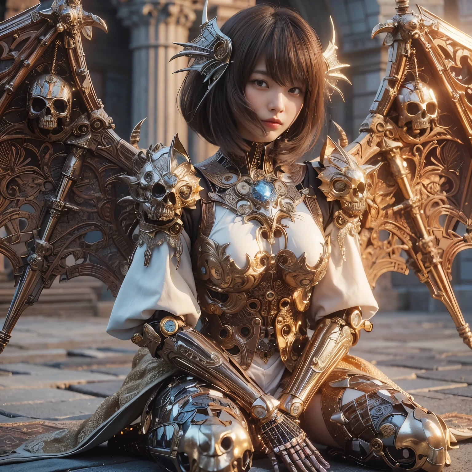 (masterpiece、highest quality、Realistic photos)、A very cute Japanese woman、(Brown skin:1.4)、A complex copper and brass mechanical armor with a skull motif.、Bat Wings、White tone、Blue accents、foot、Extremely intricate details、Posing on the medieval castle walls at sunset、Full Body Shot、Minimum 4 or more generated