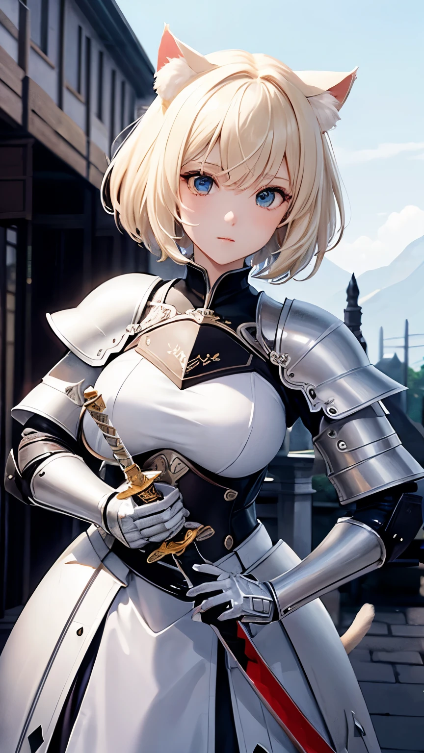 knight、woman、White、Blonde、Cat ear、knight、Big eyes、Double、Soft、大人のwoman、Background Blur、whole body、Sword 1 is a book、sword on waist、armor、