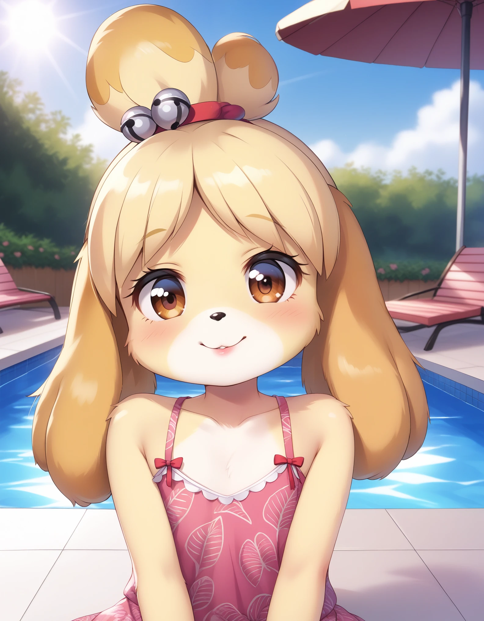 uploaded on e621, ((by Pino Daeni, by Ruan Jia, by Fumiko, by Levelviolet, by Supplesee)), kemono, dagasi, solo female isabelle \(animal crossing\) in animal form with tiny and short body with yellow fur (wearing pink shirt:1.4) with leaf patterns and (no pants:1.4) and white belly and top knot and (bells:1.2), ((feral)), ((flat chest)), (detailed fluffy fur), (half-lengthportrait, front view, looking at viewer), BREAK, (sitting in hotel swimming pool bench with plant and flower), (detailed background, depth of field, half body shadow, sunlight, ambient light on the body), (intricate:1), (high detail:1.3), (unreal engine:1.2), (soft focus:1.15), [explicit content, questionable content], (masterpiece, best quality, 4k, 2k, shaded, absurd res)