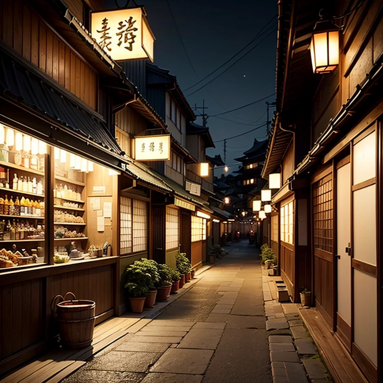 highest quality, masterpiece, Ultra-high resolution, (realism: 1.4), Original photo, In the Dark, Deep Shadow, Modest, Cold Light, Postmodern realistic style bar, Chinoiserie, Bucket Arch, wooden building, cyberpunk elements, Old townscape of Japan, Kyoto,
