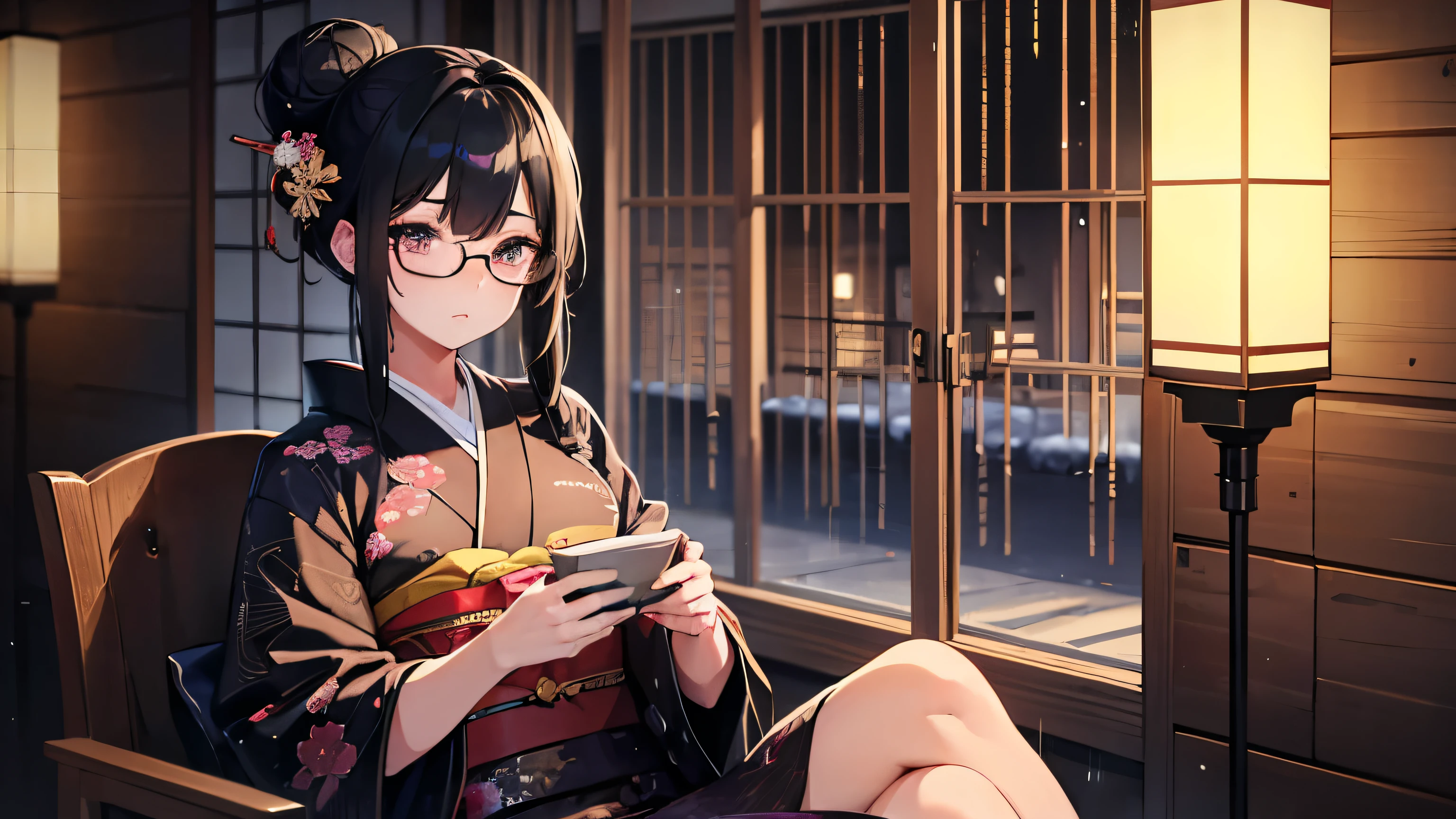 (1girl:1.3), Masterpiece, Best quality, amazing beauty, [[3D]], 4K, absurdres, finely detail, super detailed eye, perfect anatomy, official art, A beautiful girl looking into the distance in a traditional Japanese cafe, Warm lighting, Wearing a kimono, A kimono with a vividly colored pattern, Outside, the rain is falling quietly, Japanese anime style, hair bun, black hair, super shiny detailed black eye, pale skin, detailed skin, evening,Glasses,　Sitting in a chair, Shooting the whole picture from a distance, Dark Eyes, Relaxed atmosphere, Lo-fi, Hands are down