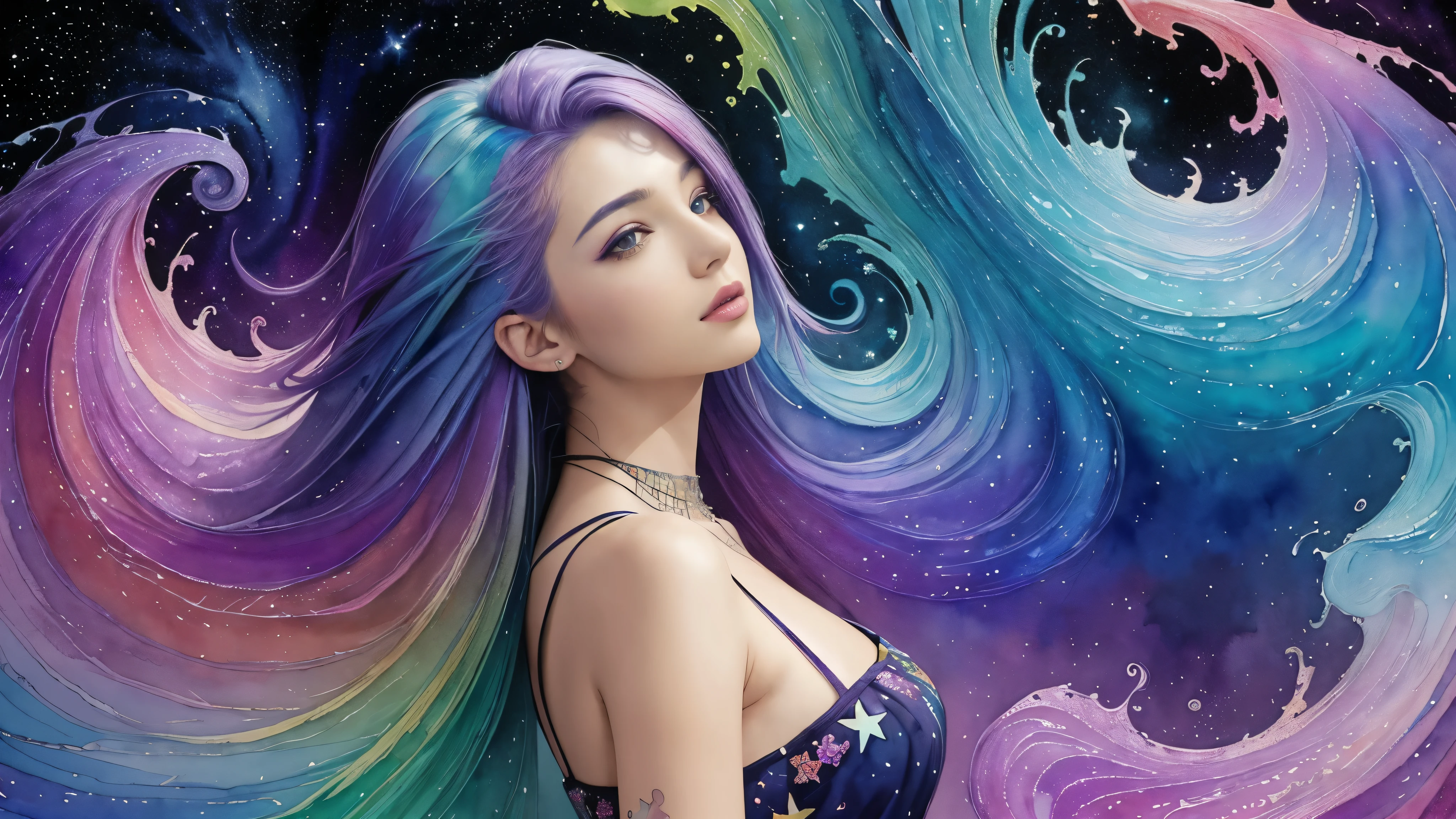 (masterpiece, top quality, best quality,watercolor (medium),official art, beautiful and aesthetic:1.2),(1girl:1.3), (fractal art:1.3),upper body, from side, looking at viewer,patterns,(rainbow color Hair,colorful hair,half blue and half purple hair:1.2),water,liquid, cloud,colorful, starry,stars,