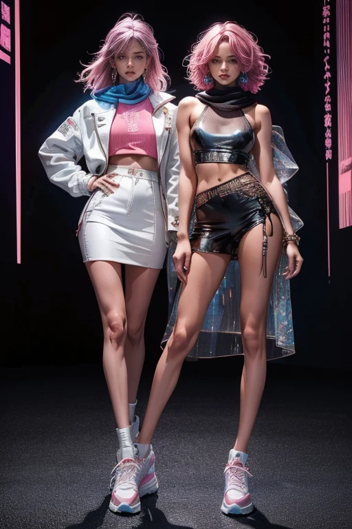 highest quality, Very detailed, masterpiece, Two women posing,(((Perfect female body))),Very beautiful face, Very beautiful body,Gentle expression, Very beautiful eyes,(Perfect Makeup:1.1),Fashion Model,Cyberpunk Fashion, mullet cut,Shaggy Hair,pink and blue hair:1.3, Very thin body,Smart Abs, Monogram pattern,Various gradations,Military,Two-tone high-top sneakers,A kind smile,Full body portrait,(Cyber City:1.3), (Shiny skin),(Earrings),Elegant Scarf,See-through shawl,