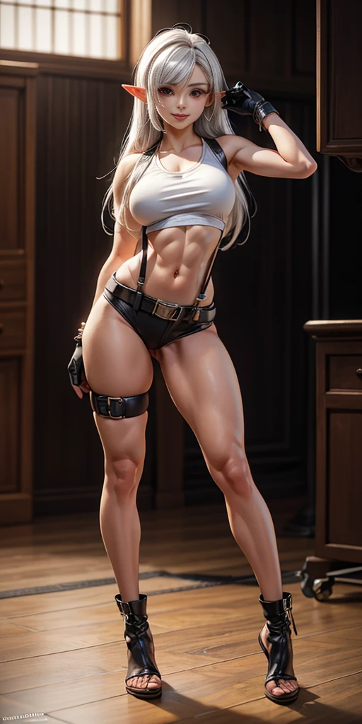 Blacked blacked elf 1sologirl (8k, best quality, masterpiece:1.2) (realistic, photo-realistic:1.37) (full body) 1female solo girl, standing, 2legs apart (wide stance) standing contrapposto, ultra detailed, cute (large breasts:1.5) (beautiful detailed eyes) (smile:1.2) (closed mouth) sharp focus, depth of field, good composition, very long straight WHITE SILVER hair, hair bang ((red eyes)), intricate, bokeh (Tetsuya Nomura style) perfect breasts, white tank top, black thong, suspenders, gloves, stockings, toned body, athletic, wide hips, thin waist, toned arms, exposed abdomen, abs toned, navel, big belt, view from behind