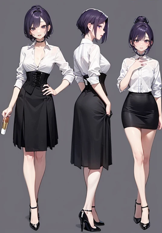 Purple hair,short hair,Adult female,(bartender),((Roll up your shirt sleeves)),(Rolling up the sleeves of his shirt),(corset),(skirt),(High heels),((Simple Background)),smile,((whole body)),((full body)),Character Sheet,Have a cigarette