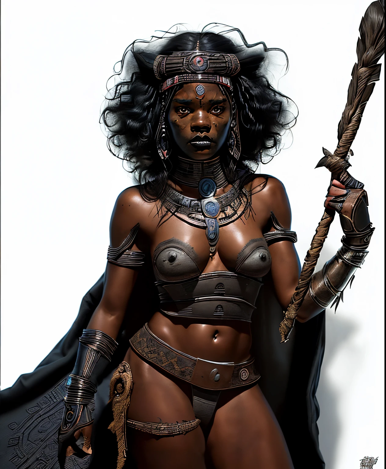 a deep black colored sinister native girl of Aztec descent from the early 18th century in the Caribbean region based on Letitia Wright from Wakanda Forever, she wears dark a dark hooded cape that complements her deep black skin, Dungeons and Dragongs 5th edition illustration, in the style of BORIS VALLEJO & JULIE BELL