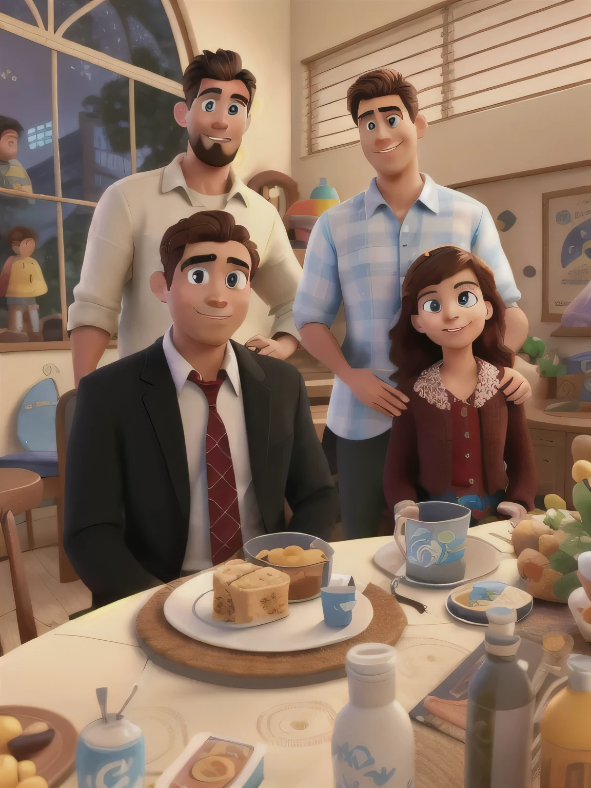 Disney Pixar Family style movie poster in high quality, considerando os dois homens da esquerda morenos, e os dois homens no alto da imagem com barba