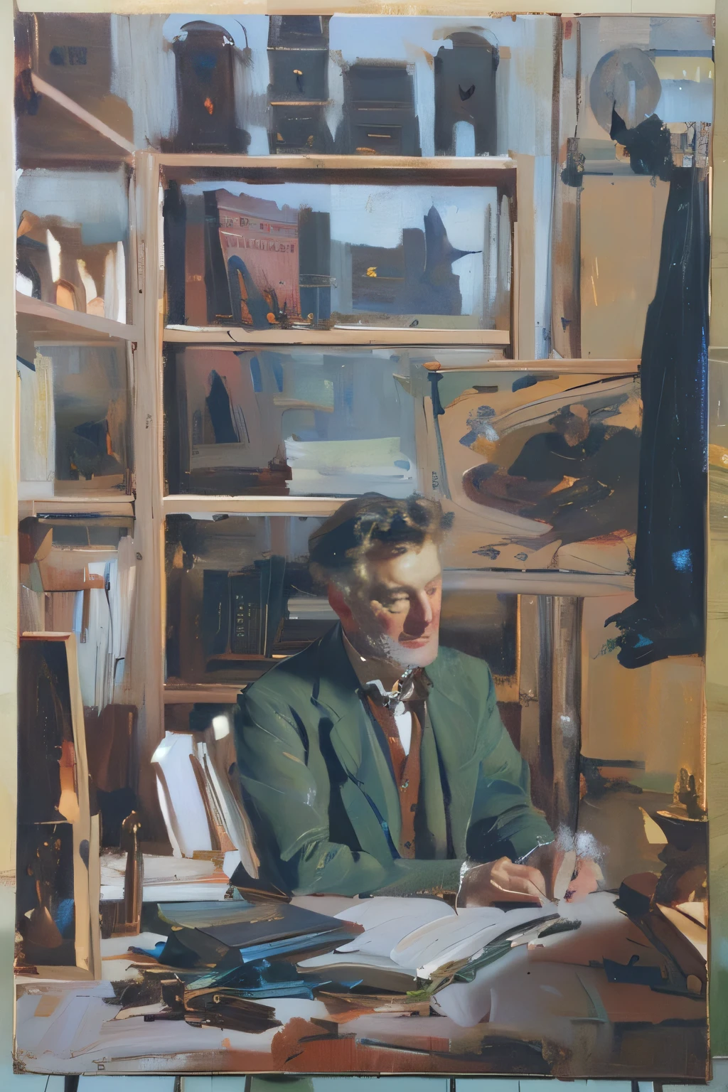 painting of a man sitting at a desk with a book, portrait of a art student, artists portrait, solo portrait, book portrait, gouache on canvas, portrait in center, full portrait, oil on linen, portrait of a museum art curator, botticelli, a painting in the style of thomas w schaller, inverted black and white, revived historic art forms, william russell flint, victorian glasgow