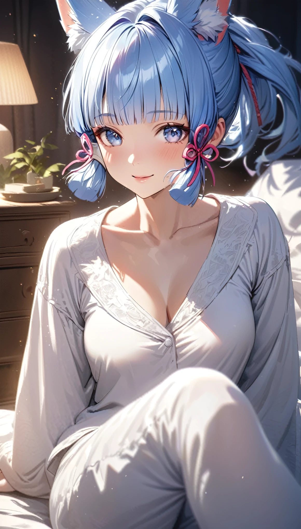 Ayaka,((blue hair)), fox ears,beautiful face,smiling, fit body, moderate breast,sitting on a bed,wearing white pajama,illustration,detailed textures,ultra-detailed(realistic),portrait style,vivid colors,soft lighting.