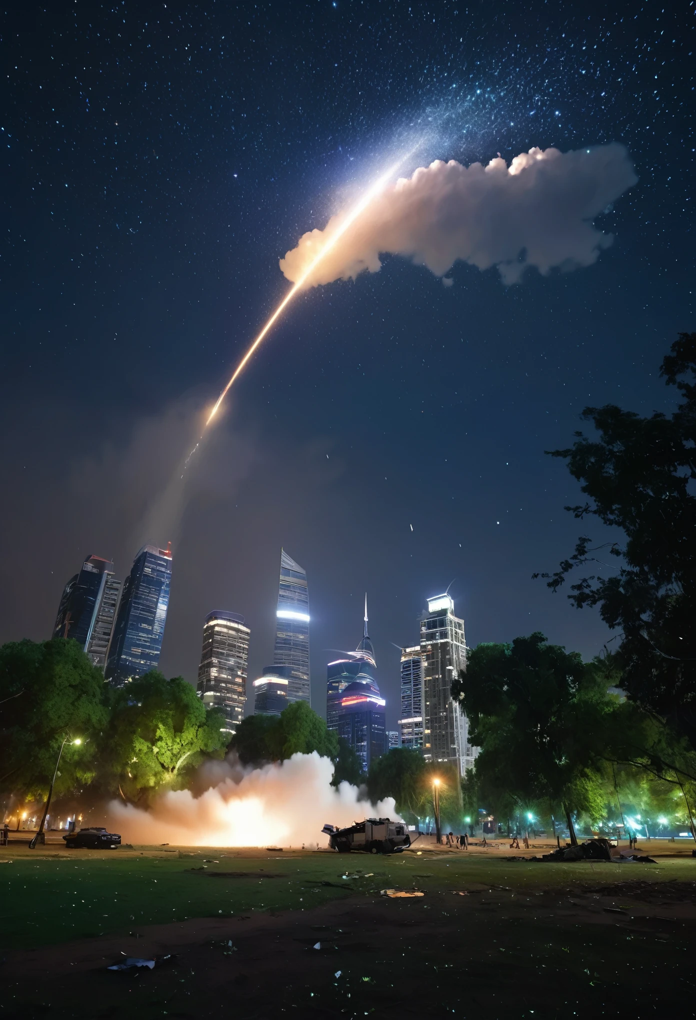 Over the city at night,Starry sky,A dazzling flash of light cuts through the quiet night sky,Then there was a loud bang。The camera quickly switches to the ground,A huge starship crash-landed in a city park,Caused a cloud of dust。