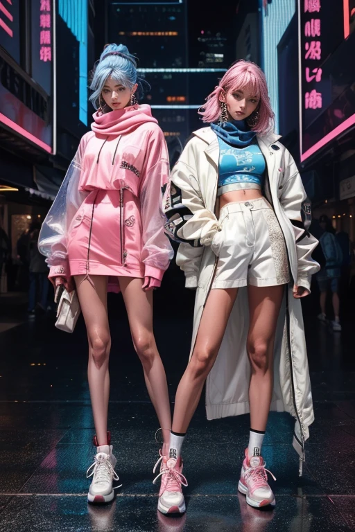 highest quality, Very detailed, masterpiece, Two women posing,(((Perfect female body))),Very beautiful face, Very beautiful body,Gentle expression, Very beautiful eyes,(Perfect Makeup:1.1),Fashion Model,Cyberpunk Fashion, mullet cut,Shaggy Hair,pink and blue hair:1.3, Very thin body,Smart Abs, Monogram pattern,Various gradations,Military,Two-tone high-top sneakers,A kind smile,Full body portrait,(Cyber City:1.3), (Shiny skin),(Earrings),Elegant Scarf,See-through shawl,