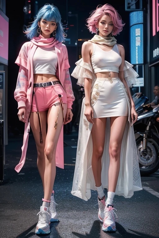highest quality, Very detailed, masterpiece, Two women posing,(((Perfect female body))),Very beautiful face, Very beautiful body,Gentle expression, Very beautiful eyes,(Perfect Makeup:1.1),Fashion Model,Cyberpunk Fashion, mullet cut,Shaggy Hair,pink and blue hair:1.3, Very thin body,Smart Abs, Monogram pattern,Various gradations,Military,Two-tone high-top sneakers,A kind smile,Full body portrait,(Cyber City:1.3), (Shiny skin),(Earrings),Elegant Scarf,See-through shawl,