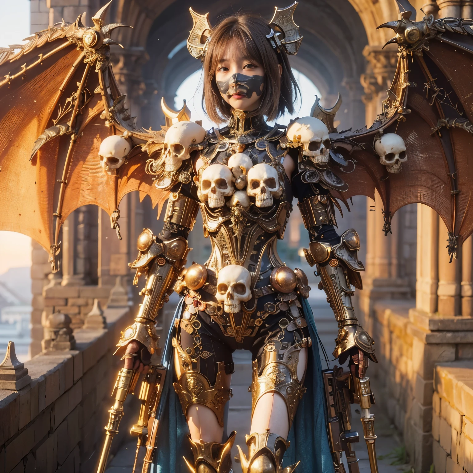 (masterpiece、highest quality、Realistic photos)、A very cute Japanese woman、(Brown skin:1.4)、A complex copper and brass mechanical armor with a skull motif.、Bat Wings、White tone、Blue accents、foot、Extremely intricate details、Posing on the medieval castle walls at sunset、Full Body Shot、Minimum 4 or more generated