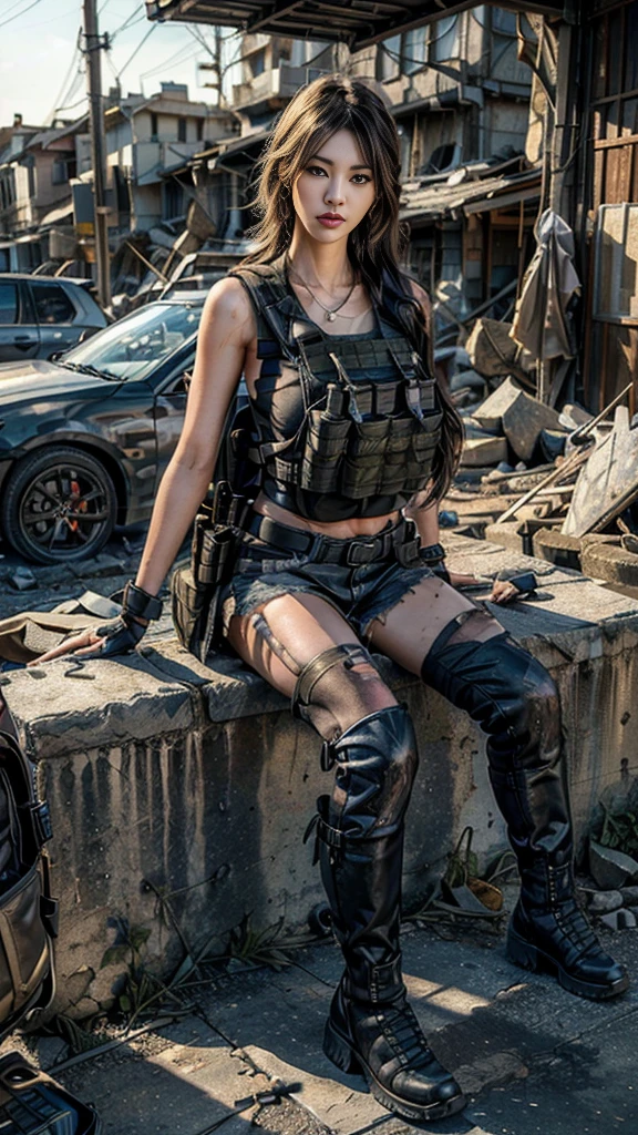 (Realistic photos:1.3, 16k, highest quality, masterpiece, Ultra-high resolution), Perfect dynamic composition:1.2, Very detailedな肌と顔の質感:1.2, Professional camera work, Dynamic pose:0.7, Very detailed, Beautiful Japanese women serving in the US military, Incredibly slim body, Fair skin, Very beautiful face, Stern expression, (Automatic rifle:0.5, Bulletproof vest, Torn clothes:0.5, Backpack, boots), Shapely breasts, Chest gap, (Covered in scars:1.0, Big eyes that exude beautiful eroticism, Lips that exude beautiful eroticism), Cowboy Shot, necklace, Earrings, bracelet, ((war:1.0, ruins, A ruined world:1.0, Increase the disruptive element:1.0, Operation End, Car buried in rubble, Innovative Configuration:1.0))