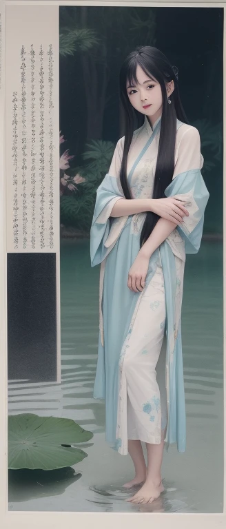 ((4K,masterpiece,highest quality)), Shui Movissim, Traditional Chinese Ink Painting, Lotus,  Hanfu, Maxi Kit, A girl dressed modestly, alone, Long Blue Hair, smile, Are standing, Soak your feet in water, barefoot,
 