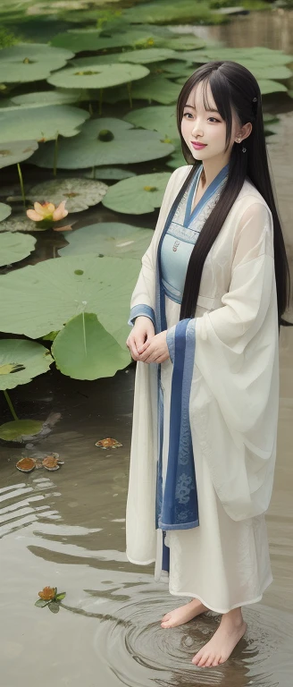 ((4K,masterpiece,highest quality)), Shui Movissim, Traditional Chinese Ink Painting, Lotus,  Hanfu, Maxi Kit, A girl dressed modestly, alone, Long Blue Hair, smile, Are standing, Soak your feet in water, barefoot,
 