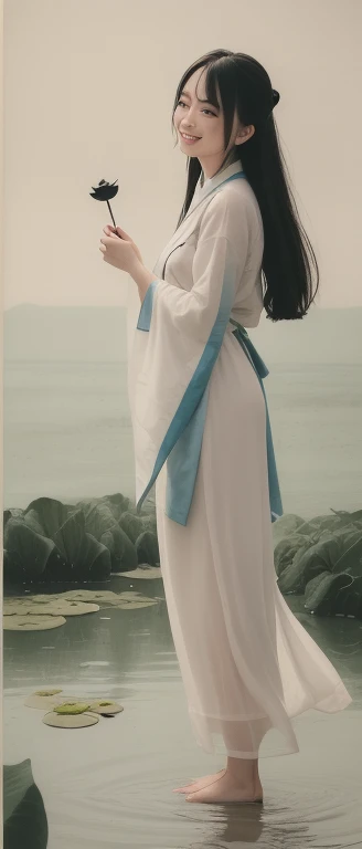 ((4K,masterpiece,highest quality)), Shui Movissim, Traditional Chinese Ink Painting, Lotus, Hanfu, Maxi Kit, A girl dressed modestly, alone, Long Blue Hair, smile, Are standing, Soak your feet in water, barefoot,