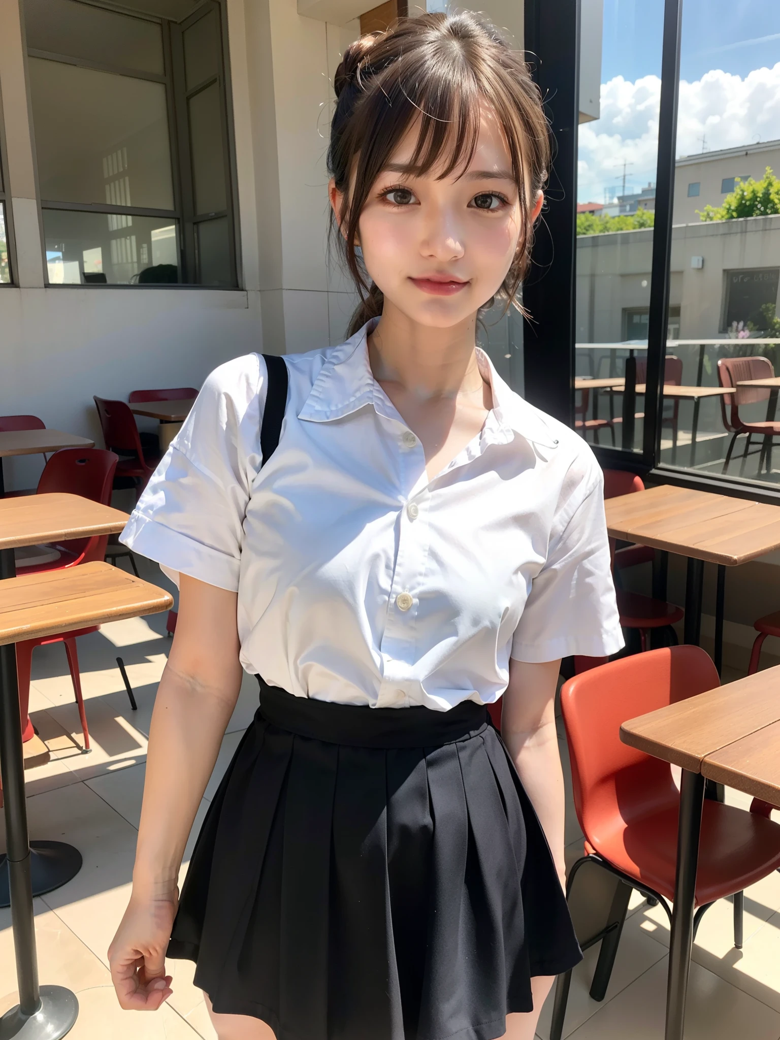 ((Best of the highest quality, 8k, Masterpiece: 1.3, raw photo)), Sharp focus: 1.2, (1 AESPA, slim body type female, 21 y/o: 1.1), (Solo: 1.2), (realistic, photo-realistic:1.37), face focus, cute face, finely eyes, side lighting, using reflectors, (small breasts, flat chest, Thigh: 1.3), (short messy hair, bangs, updo: 1.28), (cafe waitress uniform, skirt: 1.32), waking terrace dining, sun light, flower, ribbon,