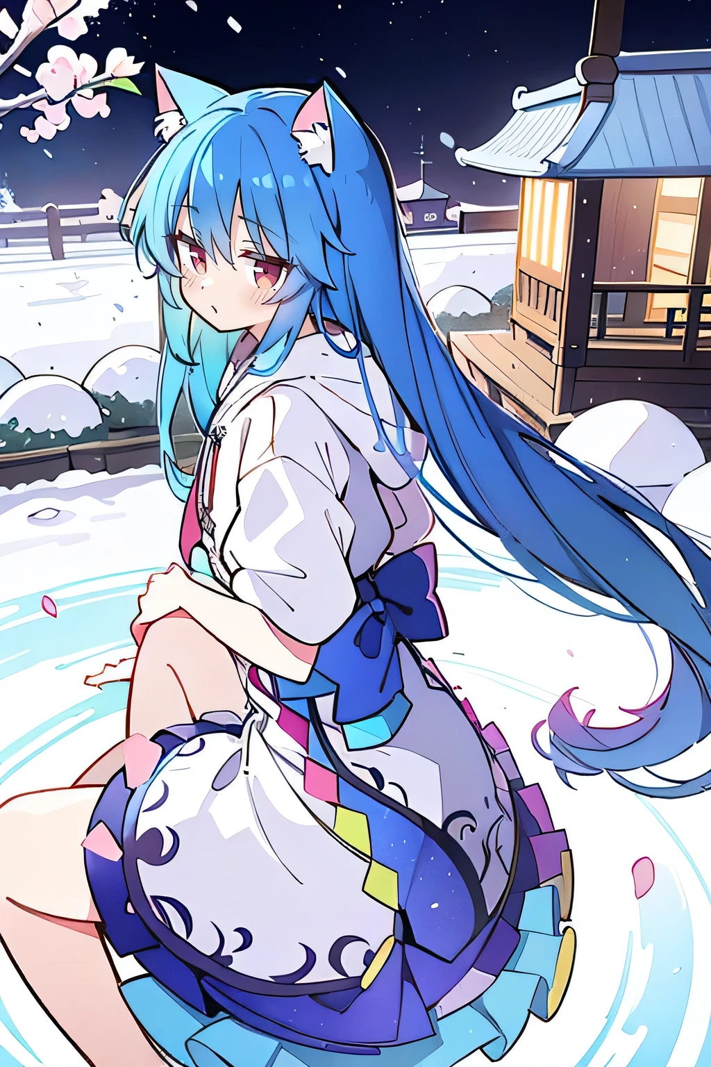 (masterpiece:1.2),Super detailed,lifelike,Expressive eyes,fair skin,perfect face shape,1 girl,
Japanese comics,Gorgeous blue hair,flowing blue hair,flowing clothes,Cat ears,Petals fall,beautiful lola,Baby Angel,
Cross your legs,Gentle and peaceful background,The pavilion is cool and comfortable,smile, wearing hoodie, background of tokyo,back views,snowing, winter.