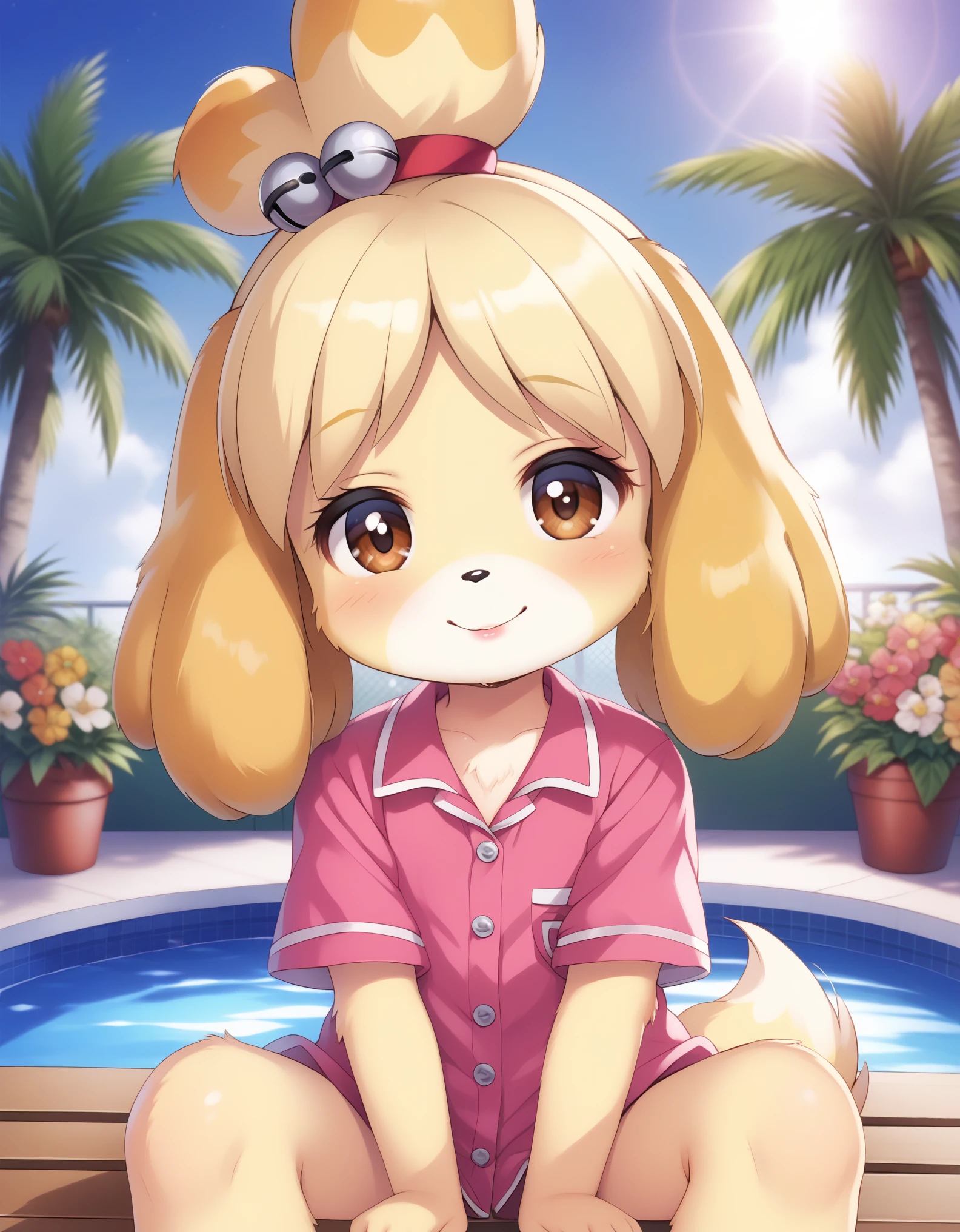 uploaded on e621, ((by Pino Daeni, by Ruan Jia, by Fumiko, by Levelviolet, by Supplesee)), kemono, dagasi, solo female isabelle \(animal crossing\) in animal form with tiny and short body with yellow fur (wearing pink shirt:1.4) with leaf patterns and (no pants:1.4) and white belly and top knot and (bells:1.2), ((feral)), ((flat chest)), (detailed fluffy fur), (half-lengthportrait, front view, looking at viewer), BREAK, (sitting in hotel swimming pool bench with plant and flower), (detailed background, depth of field, half body shadow, sunlight, ambient light on the body), (intricate:1), (high detail:1.3), (unreal engine:1.2), (soft focus:1.15), [explicit content, questionable content], (masterpiece, best quality, 4k, 2k, shaded, absurd res)