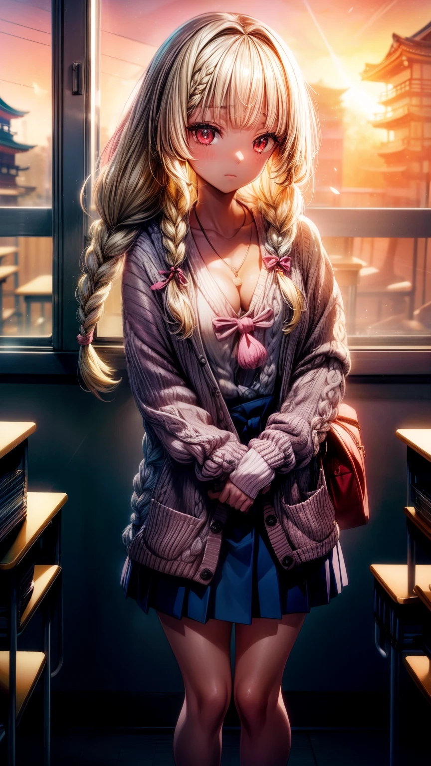 (((Japanese animation film))), ((Animation)), (Gal), Medium Length Hair, (Braided hair:1.3), (Bangs:1.2),Two-tone hair, Blonde hair, (Pink Hair), Round Face, Red Eyes, (Drooping eyes), (((we say))),Pink Lips,punching,necklace,[dark skin], A faint smile, ((((Lovely)))), fair, 1 girl, Solitary, (Cardigan:1.4), [Cleavage incision],fair background,(classroom:1.5),night,Sunlight,Backlight,masterpiece,best quality,Beautifully,8k,absurd,Super exquisite illustrations,(Looking at the audience)