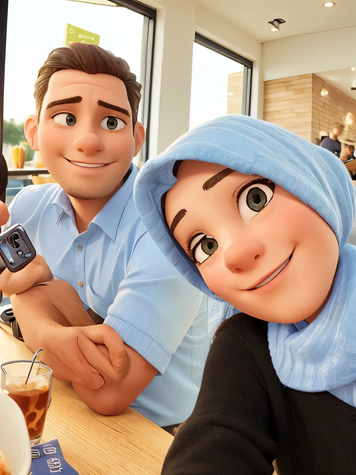 a man and a woman taking a selfie in the cafe