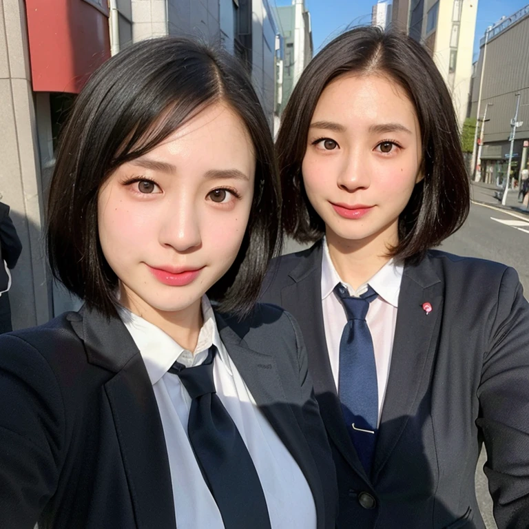 (kawaii 24 year-old Japanese girl, Nogizaka idol, Korean idol), (glossy hair, very short hair, forehead:1.3), (beautiful black eyes, rounded face, single eyelid, no makeup, soft smiling:1.2), (wearing suit jacket, collared shirt, necktie:1.3), (extra small breasts:0.9), (looking at camera:1.3), BREAK, (tokyo downtown background, summer daylight:1.3), (dynamic angle, bust shot:1.3), BREAK, (masterpiece, best quality, photo realistic, official art:1.4), (UHD, 8K quality wallpaper, high resolution, raw photo, golden ratio:1.3), (shiny skin), professional lighting, physically based rendering, award winning, (highly detailed skin, extremely detailed face and eyes), Carl Zeiss 85 mm F/1.4, depth of field, 1girl, solo,