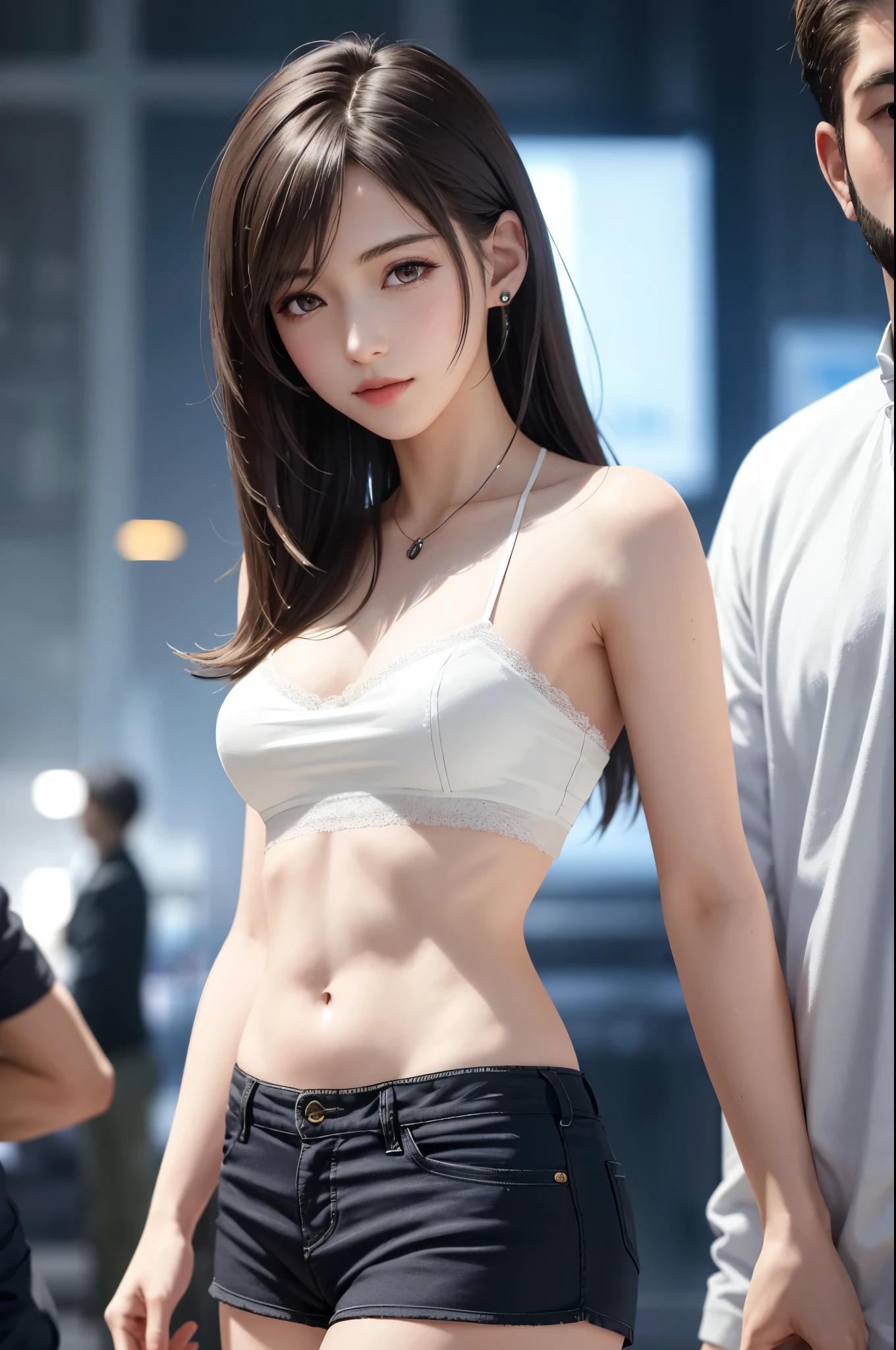 {Top Quality, Masterpiece}, (Realistic: 1.3), BREAK {{{FF7,Tifa_lockhart}}},(crowd of men:1.7), BREAK Ultra-detailed face, Detailed RED eyes,{Dark Brown Hair, Large breasts},{{{A dark lighting, disco club, disc jockey, table, indoor}}}, glowing headphone, BREAK (wearing micro shorts, low-rise, tube top:1.5), clothed:1.2, (No Bra) ,(shiny oiled skin: 1.1), about 18 years old, {erotic eyes, erotic mouth, erotic face}, Shining head phone:1.3, erotic pose:1.2