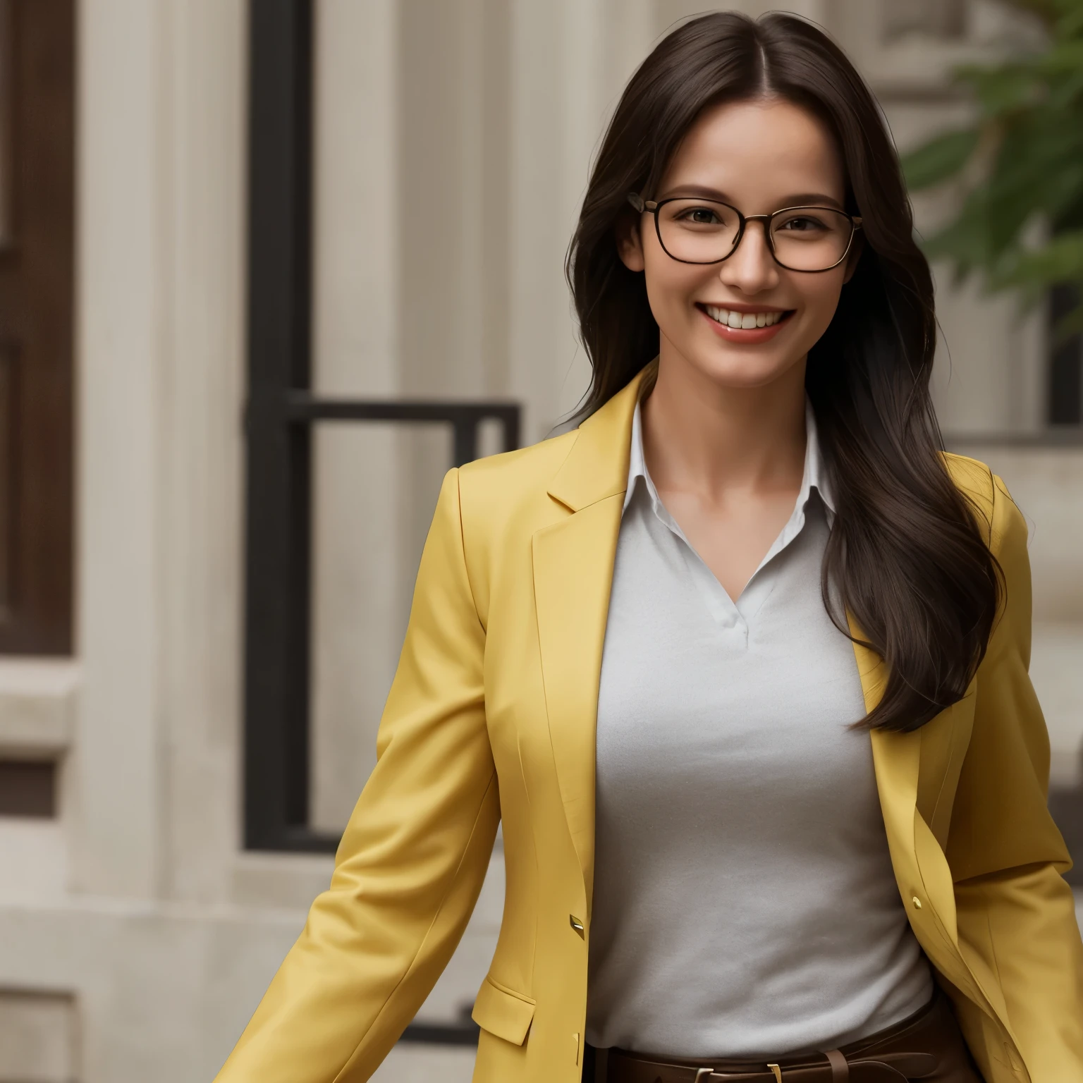 of an animated smiling female character with glasses, her hair is long dark brown in the style of Lara Croft The character wears modern business clothes such as a white shirt and yellow blazer jacket 