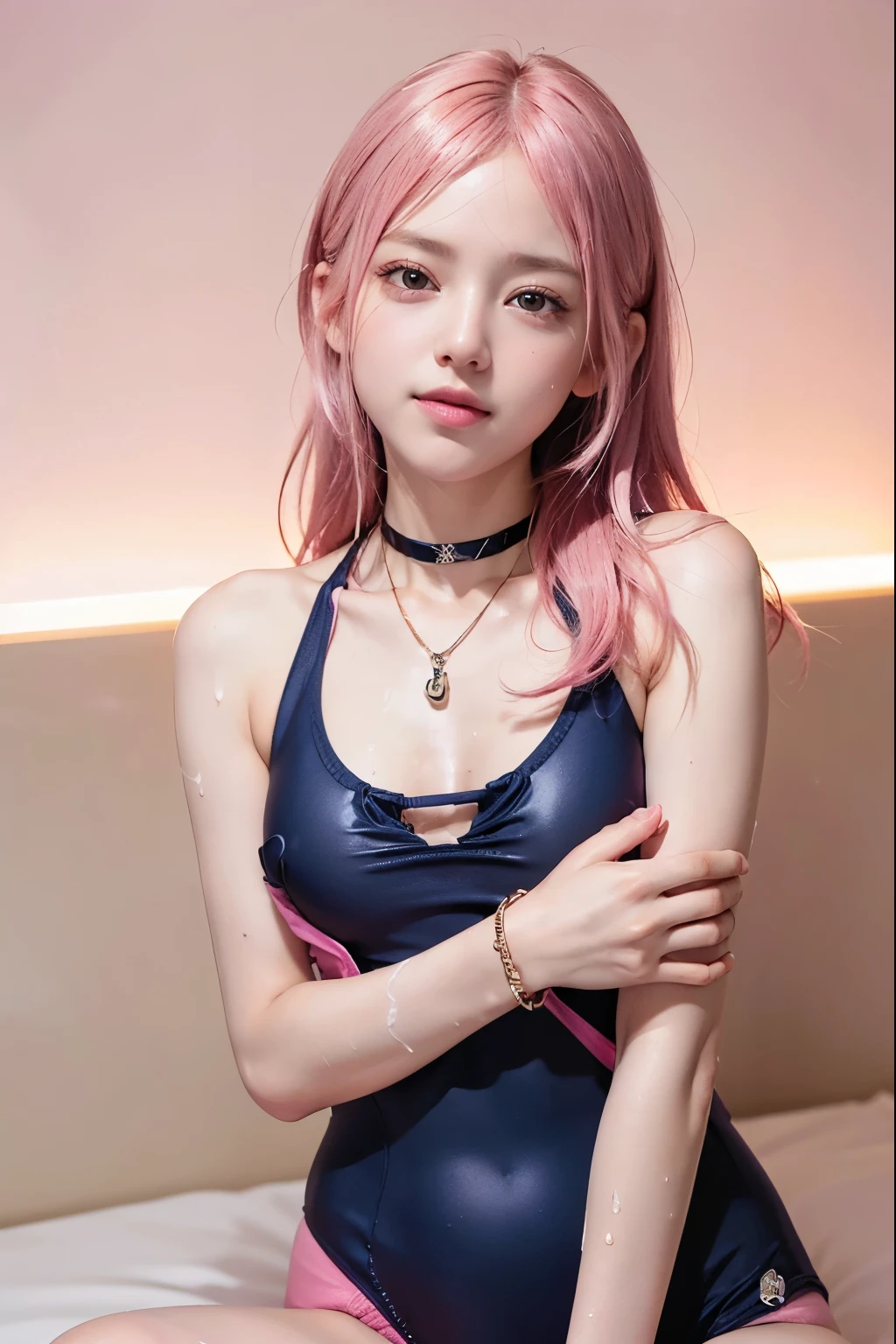 (8K, top-quality, masterpiece:1,2), (reallistic, Photorealsitic:1.37), Super Detail, One girl,), (Highly detailed), (beautifully detailed eyes), (of the highest quality), (super detailed ), (masterpiece), (Detailed face),20yr old, ,1 girl, ((pink hair,long hair)), medium breasts, clothed, Perfect Lighting, BREAK, (navy blue:1.2), (pink trim:1.2), (anchor pattern:1.2), (spandex:1.2), (glossy school swimsuit:1.5), (plunging neckline:1.5),( very glossy:1.2), (high-cut legs:1.5), (bodycon:1.3), (ribbon detail:1.2), (no socks:1.1), (navy heels:1.1), (gold jewelry:1.1), BRAKE, (from upper body to knee:1.2), (long pink hair:1.2), (wavy hair:1.1), (alluring smile:1.3), (downcast eyes:1.2), (tilting hips:1.4), (hand on swimsuit strap:1.3), (one leg forward:1.2), (soft lighting:1.2), (pink gradient background:1.1), BRAKE (sweat:1.5), (steam:1.2), ( handjob gesture:1.2), (girl trembling with sexual climax:1.1),