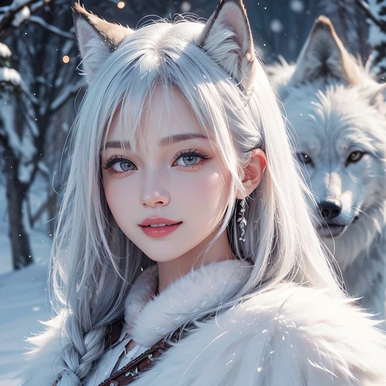 Heavy snowfall,snowing mountain、white wolf、 ((highest quality、masterpiece、8k、best image quality、ultra high resolution、Award-winning work)、(accurate anatomy:1.1)、(look at me and smile:1.1)、Shining fair skin with ultra high resolution、most detailed face、ultra high resolution detailed face、white short hair flowing 、Beautiful face drawn in every detailNative American fur clothing:1.5, real wolf beside the girl 