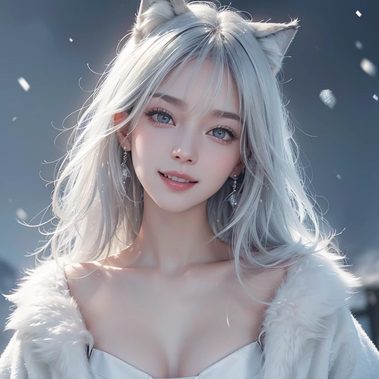 Heavy snowfall,snowing mountain、white wolf、 ((highest quality、masterpiece、8k、best image quality、ultra high resolution、Award-winning work)、(accurate anatomy:1.1)、(look at me and smile:1.1)、Shining fair skin with ultra high resolution、most detailed face、ultra high resolution detailed face、white short hair flowing 、Beautiful face drawn in every detailNative American fur clothing:1.5, real wolf beside the girl
