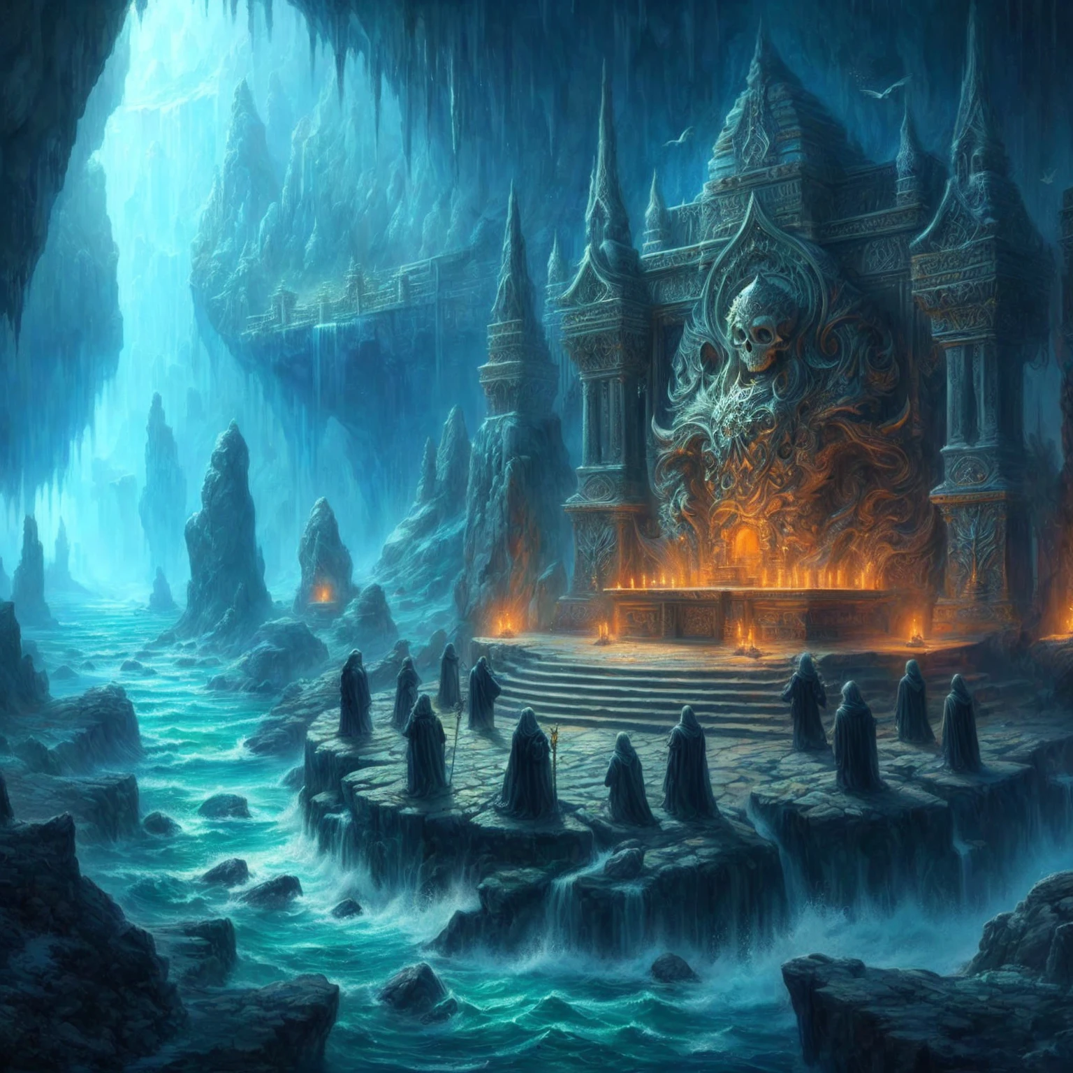 painting of a cave temple, stone idol, (stone skull), Unterwassertempel, Unterwassertempel, Versunkene Tempelszene, highly Detaillierte Fantasy-Kunst, Symmetrische epische Fantasy-Kunst, detaillierte Fantasie digitale Kunst, 4K-Fantasy-Kunst, detaillierte digitale 2D-Fantasy-Kunst, Detaillierte Fantasy-Kunst, episches Fantasy-Kunstwerk, 8k Fantasy-Kunst, dan mumford. virtuelles Rendering, epische Fantasy-Illustration