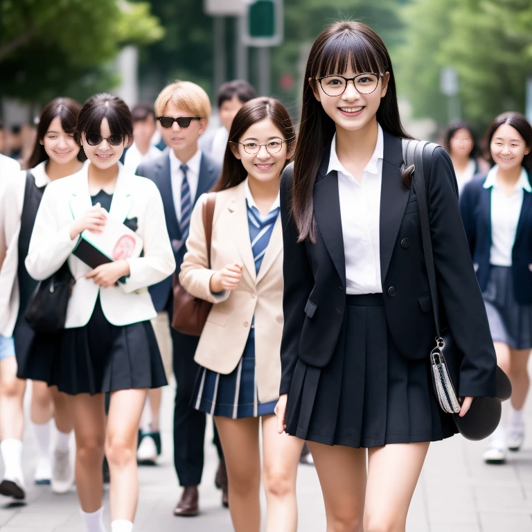 8k、Best image quality、masterpiece、summer、A Japanese high school girl meets her friends on her way to school。She smiled.、Black-rimmed square glasses、blazer、mini skirt、loafers