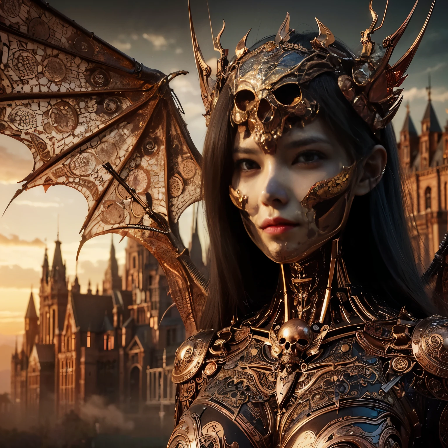 (masterpiece、highest quality、Realistic photos)、A very cute Japanese woman、(Brown skin:1.4)、A complex copper and brass mechanical armor with a skull motif.、Bat Wings、White tone、Blue accents、foot、Extremely intricate details、Posing on the medieval castle walls at sunset、Full Body Shot、Minimum 4 or more generated
