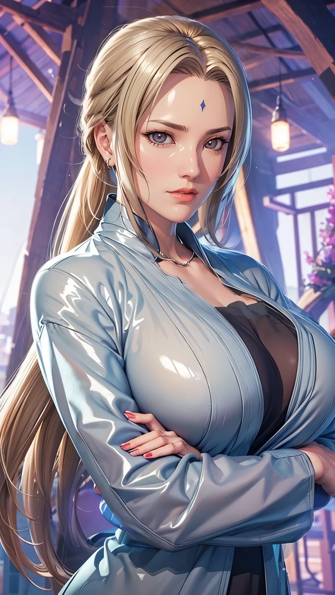 （（（完美figure，figure，solo， White and tender skin，（（（Cyberpunk，tsunade, Japanese clothes, sash, jacket，A tea green long jacket with black edges, black belt,  ））），（（（t5un4d3, Light yellow long hair, blue purple mark on forehead, light yellow thin short eyebrows, bright brown pupils, light red lips））），((masterpiece)),high resolution, ((Best quality at best))，masterpiece，quality，Best quality，（（（ Exquisite facial features，Looking at the audience,There is light in the eyes，(（（Smile，confidence)））)，））），型figure:1.7））），（（（Light and shadow，Huge breasts））），（（（Looking at the camera，black background）））