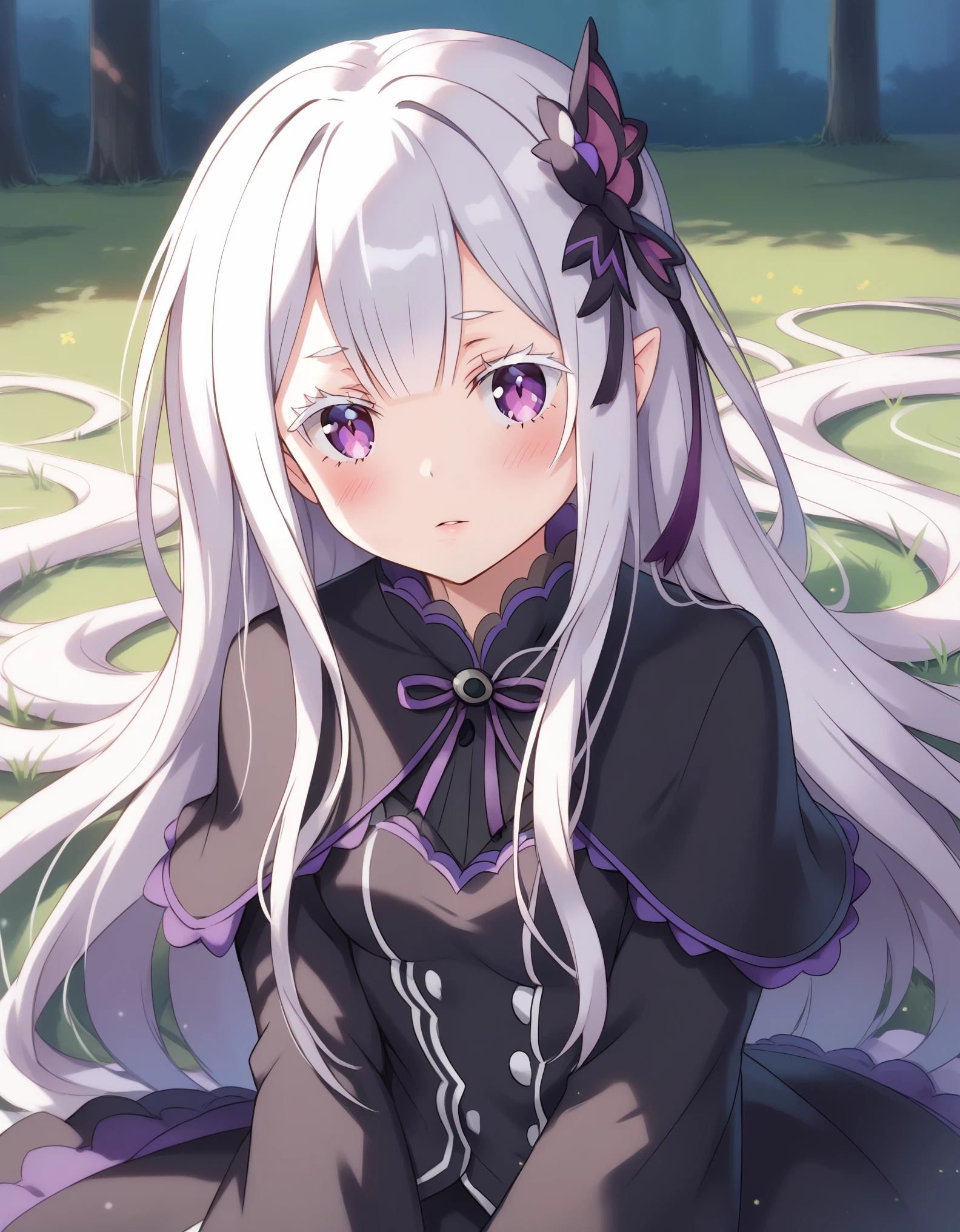 (masterpiece, best quality, very aesthetic, ultra detailed), intricate details, 1girl, echidna \(re:zero\), re:zero kara hajimeru isekai seikatsu, white hair, colored eyelashes, white eyelashes, bright pupils, violet eyes, long hair, sidelocks, black capelet, black dress, layered dress, blush, outdoor, grass background