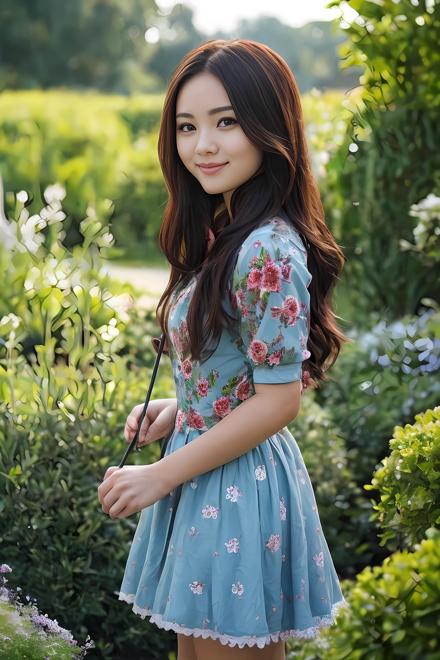 A perfect photograph, Beautiful Female long hair ,colorful garden