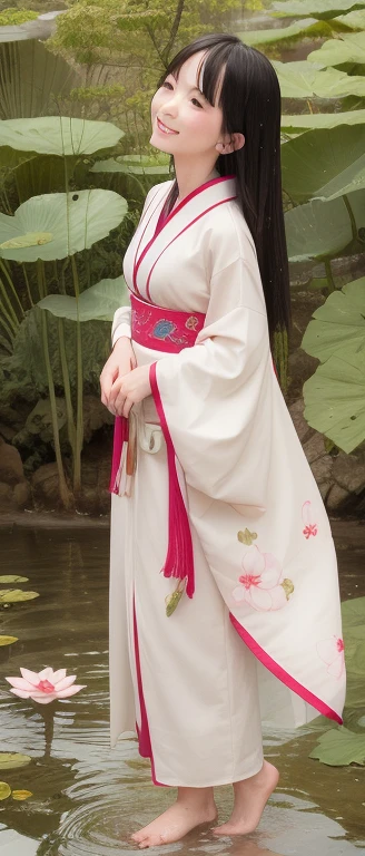 ((4K,masterpiece,highest quality)), Shui Movissim, Traditional Japan ink painting, Lotus, Japanese Kimono, Maxi Kit, A girl dressed modestly, alone, Long black hair, smile, Are standing, Soak your feet in water, barefoot,