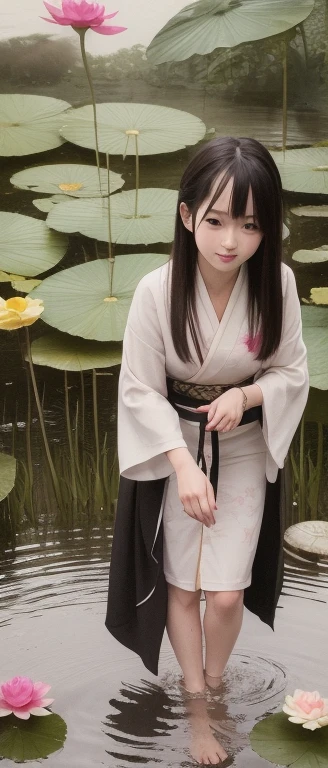((4K,masterpiece,highest quality)), Shui Movissim, Traditional Japan ink painting, Lotus,  Japanese Kimono, Maxi Kit, A girl dressed modestly, alone, Long black hair, smile, Are standing, Soak your feet in water, barefoot,
 