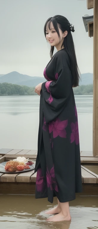 ((4K,masterpiece,highest quality)), Shui Movissim, Traditional Japan ink painting, Lotus, Japanese Kimono, Maxi Kit, A girl dressed modestly, alone, Long black hair, smile, Are standing, Soak your feet in water, barefoot,