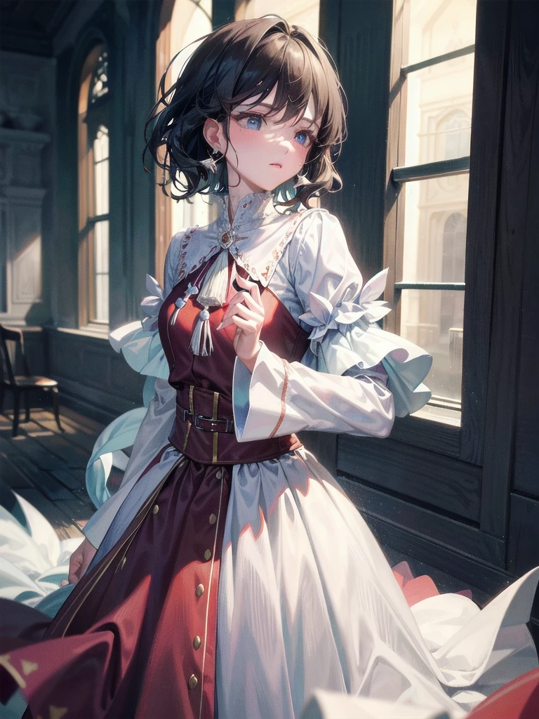 cowboy shot, surcoat, absurdres, RAW photo, extremely delicate and beautiful, masterpiece, Best Quality, ultra high resolution, 32k, hyperrealistic, ultra-detailed, tearful mole, earring, short medium hair, wavy hair,
