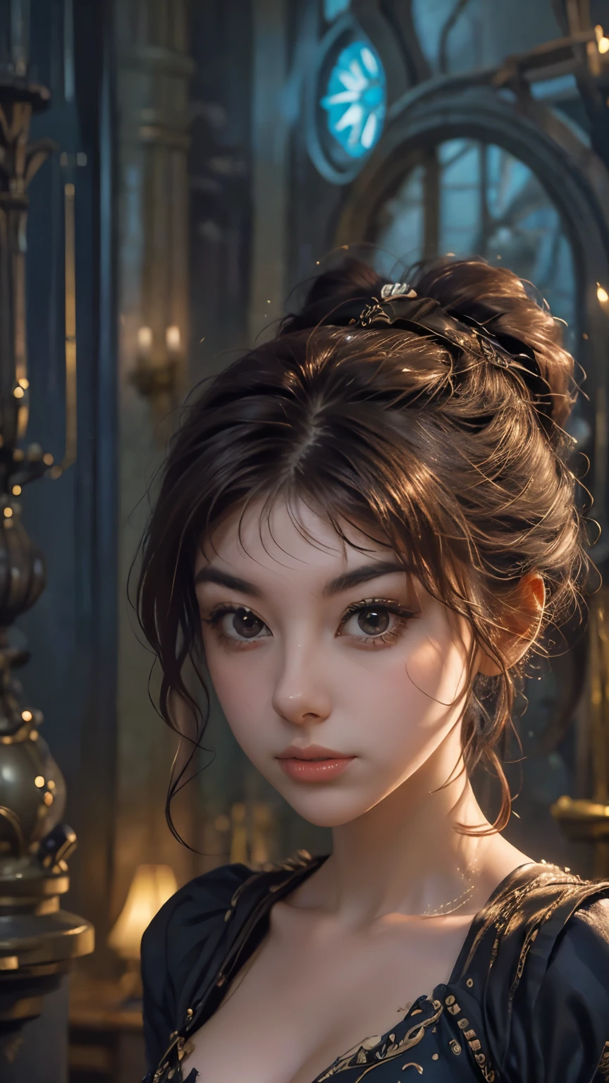 photo, portrait, intimidating Woman floating [a discovery of a wormhole leads to new worlds|a cursed prince must marry a monster], [scifi:fantasy:0.6] cinematic Lighting